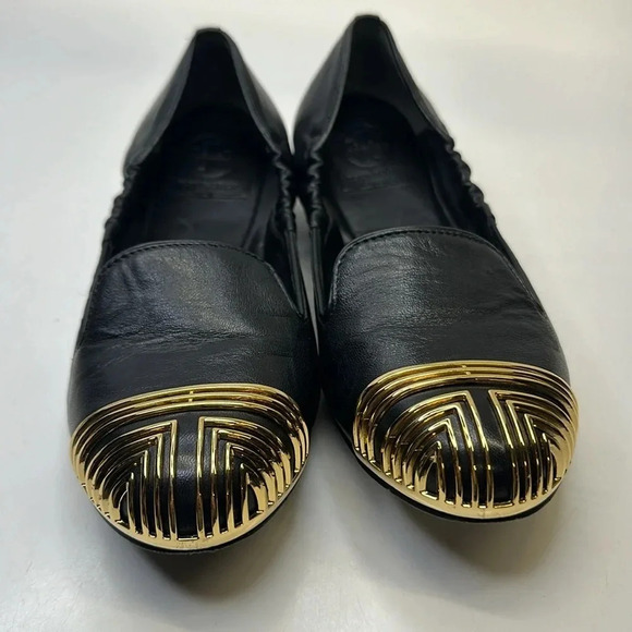 Tory Burch Ballet Flats Slip On Scrunch Back T Logo Leather Black Gold Size 7 - Picture 3 of 11